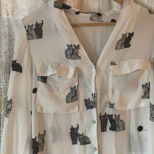 Zara basics black and white cat button down hi/low